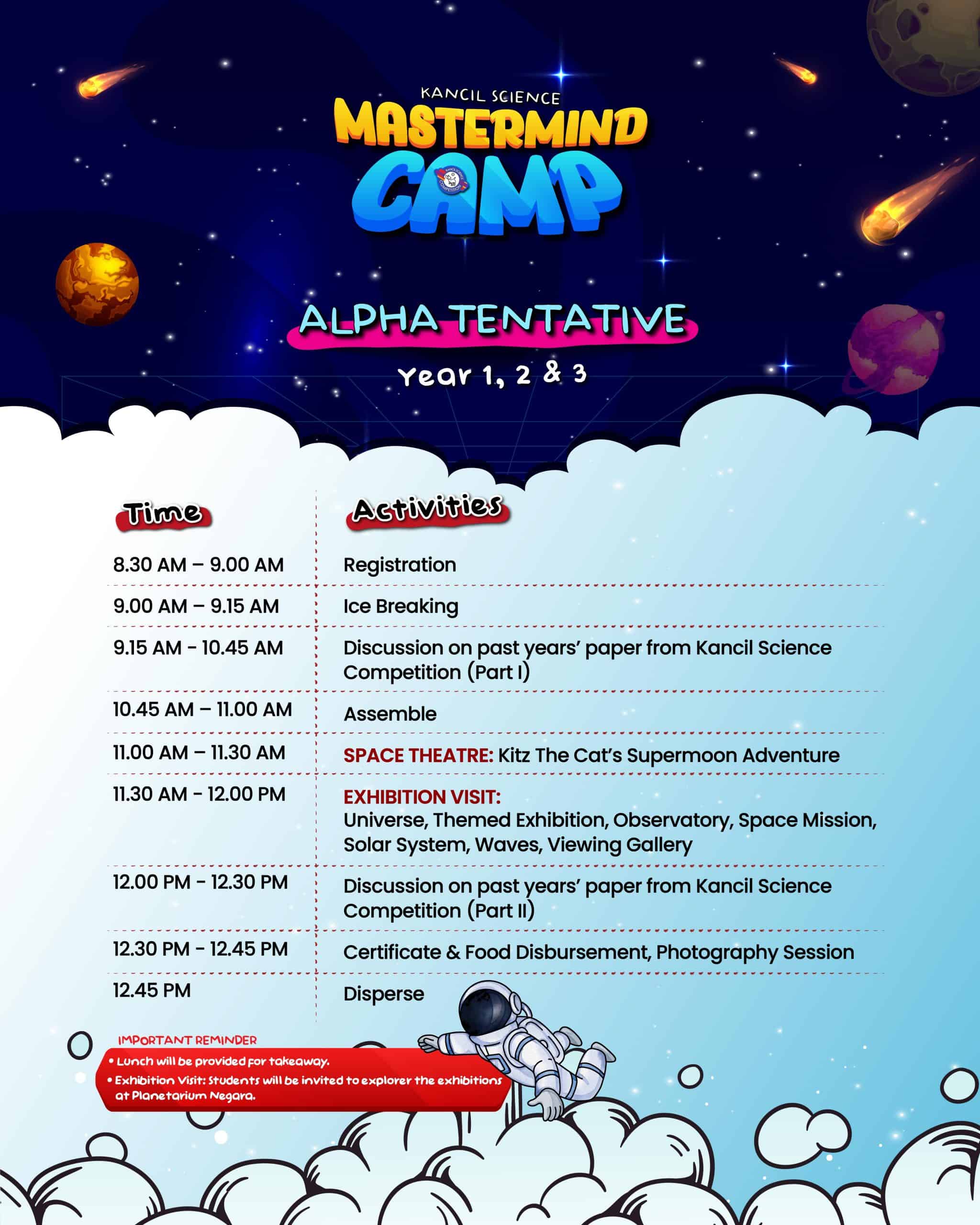 Mastermind Camp 2025 Alpha tentative schedule