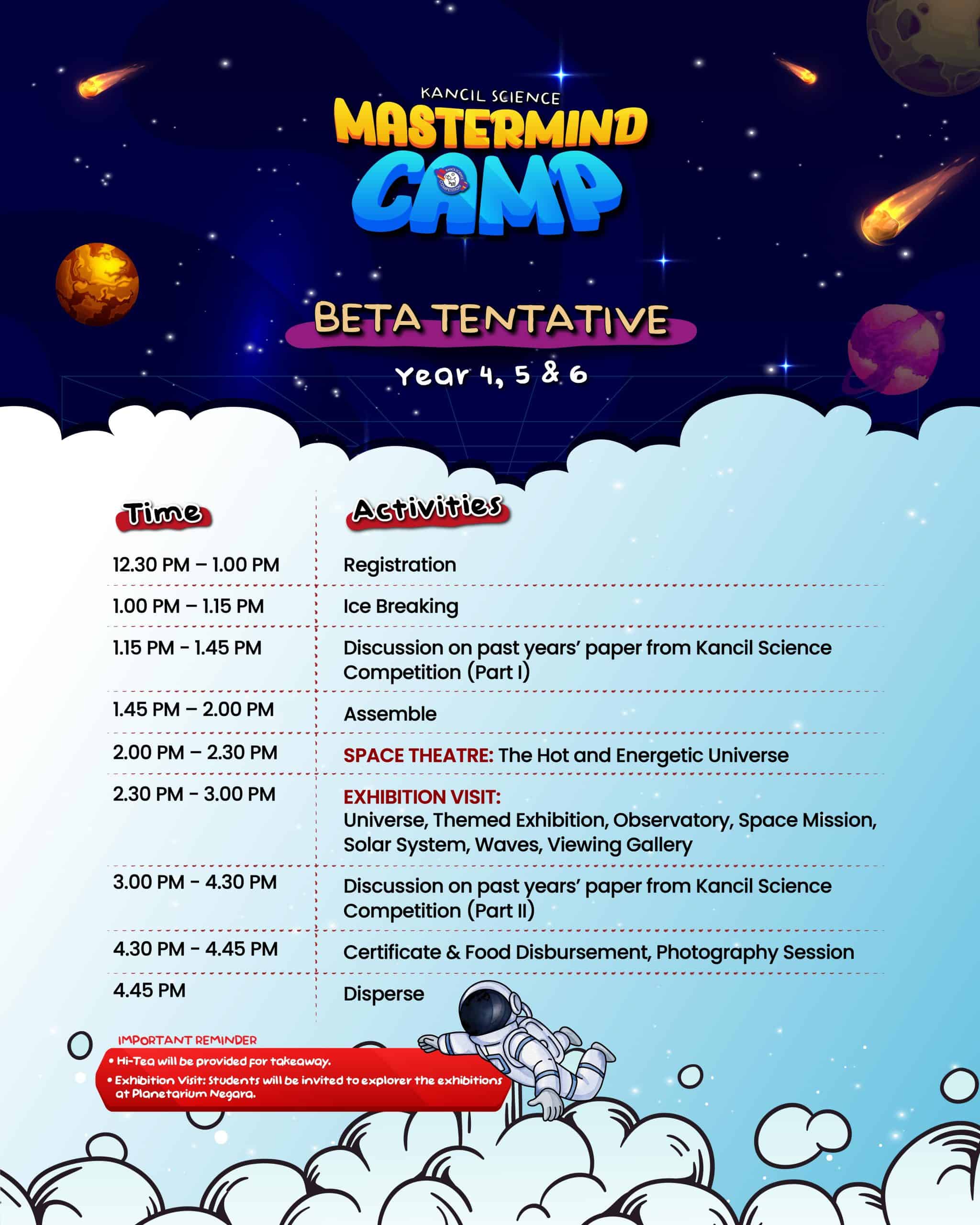 Mastermind Camp 2025 Beta tentative schedule