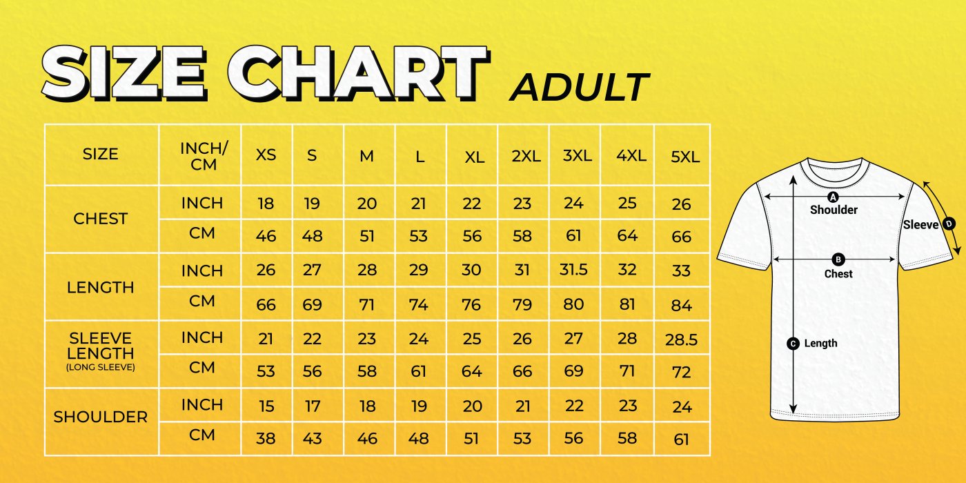 Adult T-Shirt Size Chart — chest, length, sleeve and shoulder measurements in inch and cm