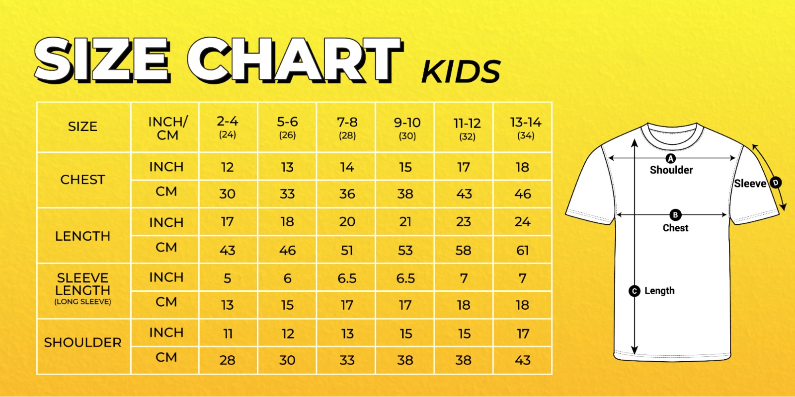 Kids T-Shirt Size Chart — chest, length, sleeve and shoulder measurements in inch and cm